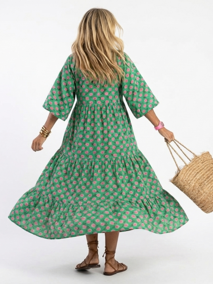 Flore | Robe midi à volants et col en V à imprimé fleuri