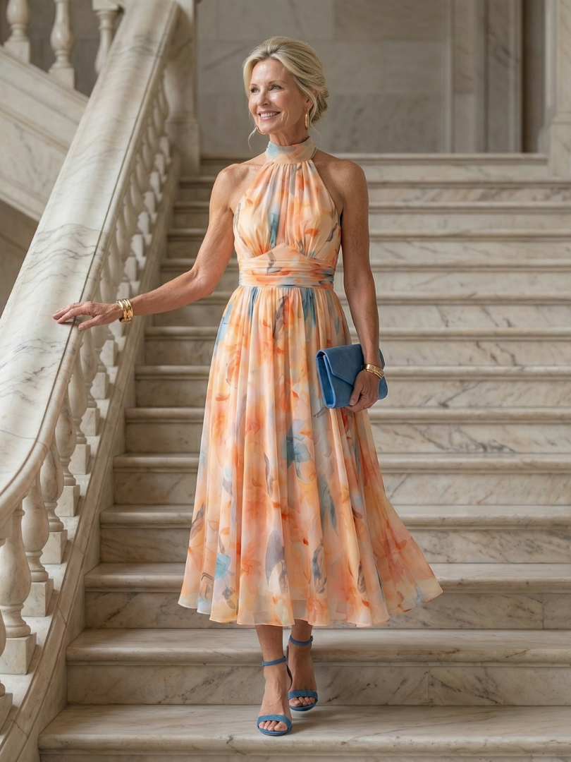 Robe Midi à Col Halter Doux Elin