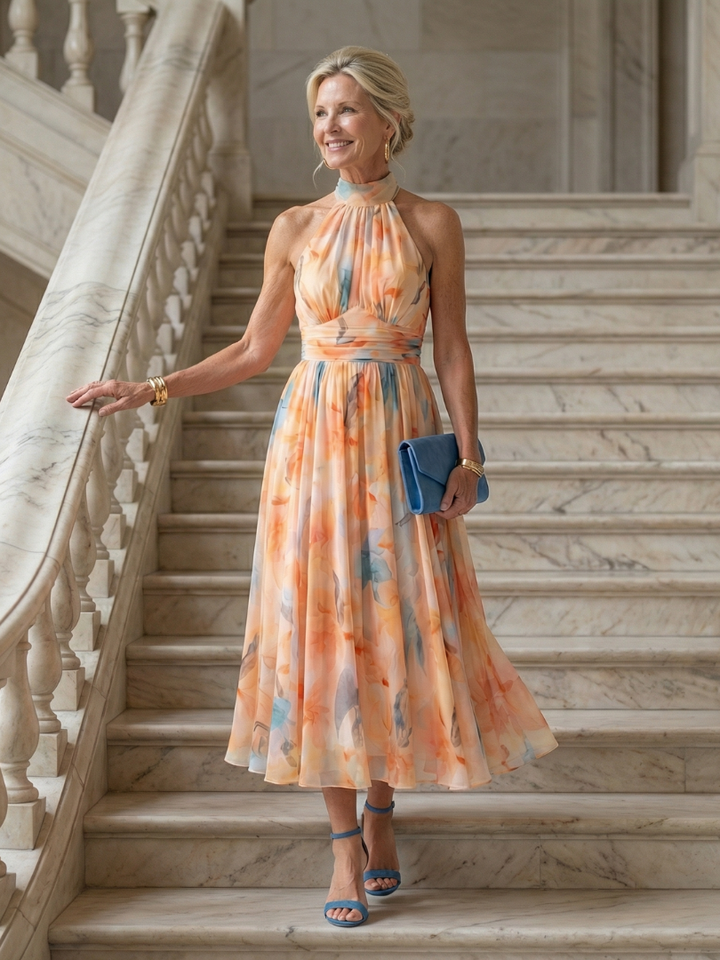 Robe Midi à Col Halter Doux Elin