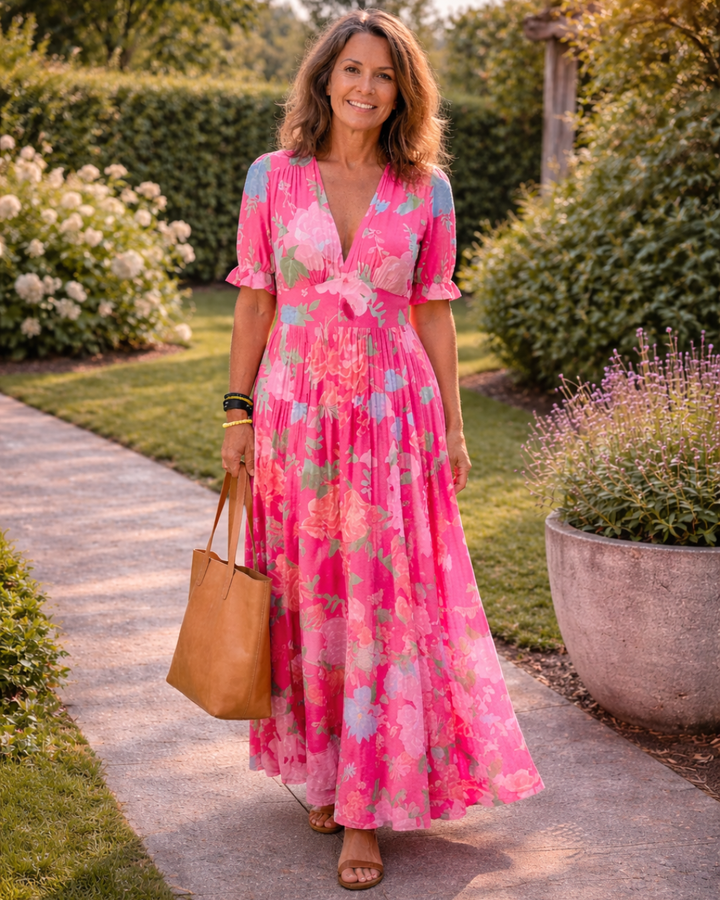 Ione | Robe midi fleurie à manches courtes et col en V