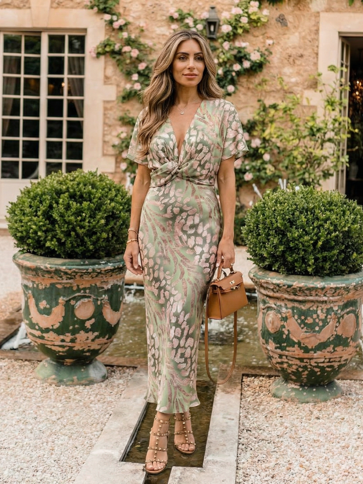 Coralie | Robe midi imprimée à décolleté en V et taille torsadée