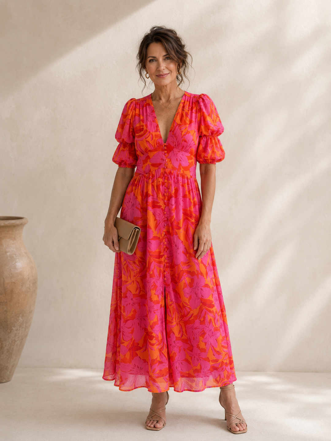 Salomé | Robe midi fleurie à manches bouffantes et col en V