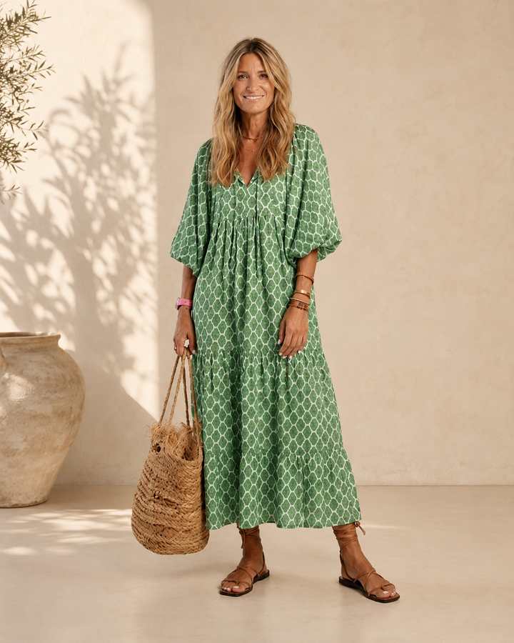 Flore | Robe midi à volants et col en V à imprimé fleuri