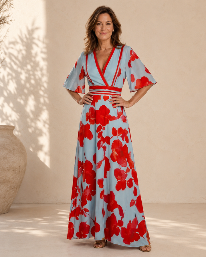 Corinne | Robe maxi fleurie à manches courtes et col en V