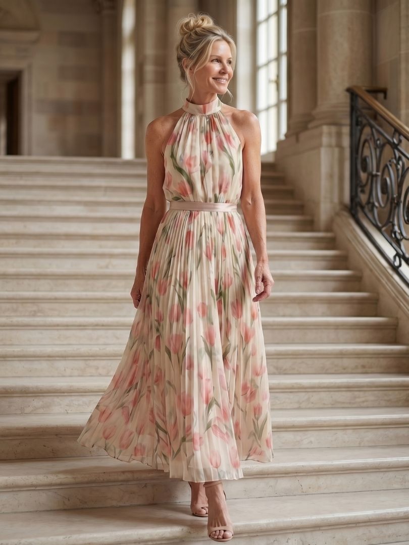Aurélie | Robe midi fleurie à col dos nu