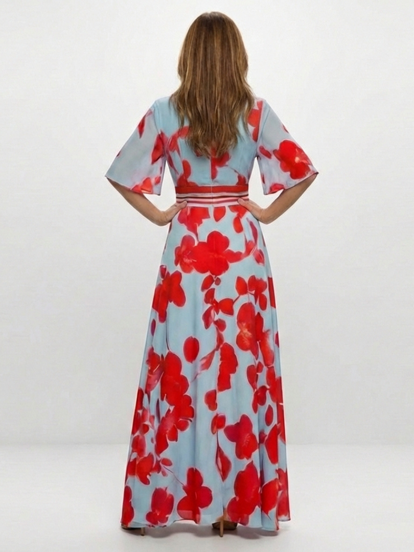 Corinne | Robe maxi fleurie à manches courtes et col en V